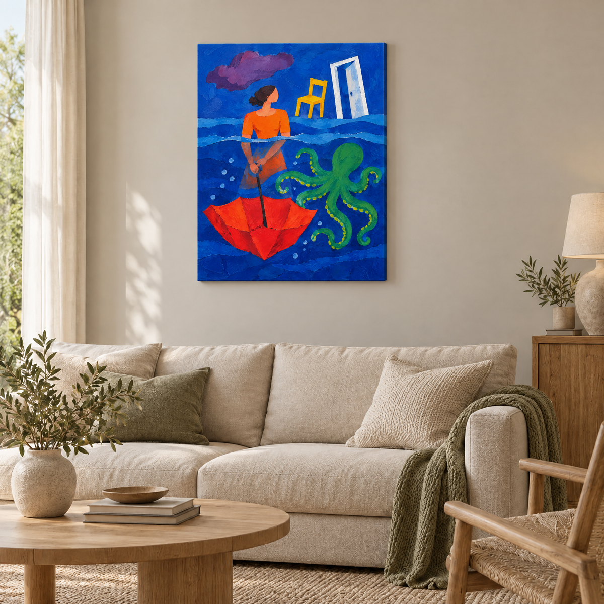 Der Schirm unter Wasser – Rahmenlose Slim-Leinwand im Wohnzimmer, ohne Weißrand.