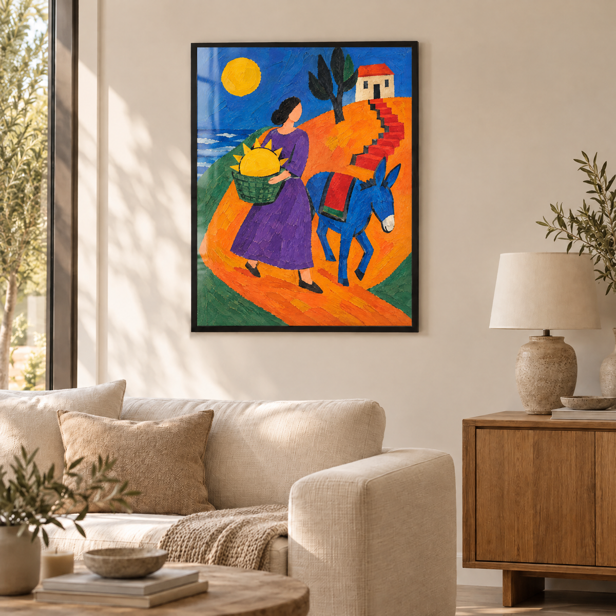 Die Frau mit der Sonne im Korb – Poster im schwarzen Holzrahmen im Wohnzimmer, ohne Weißrand.