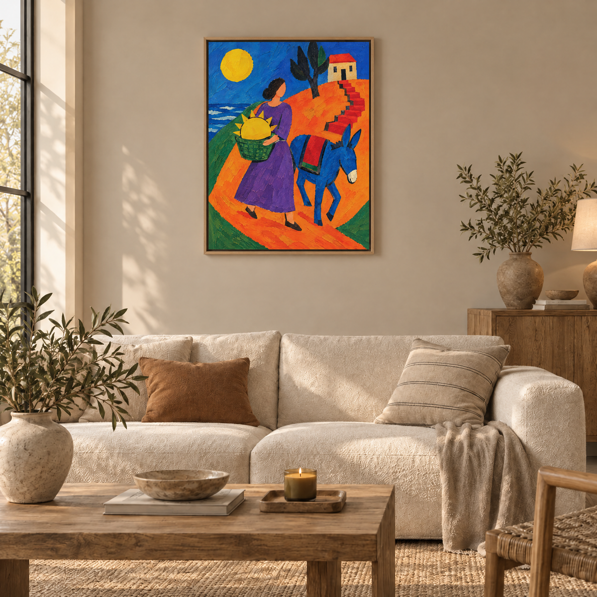 Die Frau mit der Sonne im Korb – Leinwand im Naturholz-Schattenfugenrahmen im Wohnzimmer, ohne Weißrand.