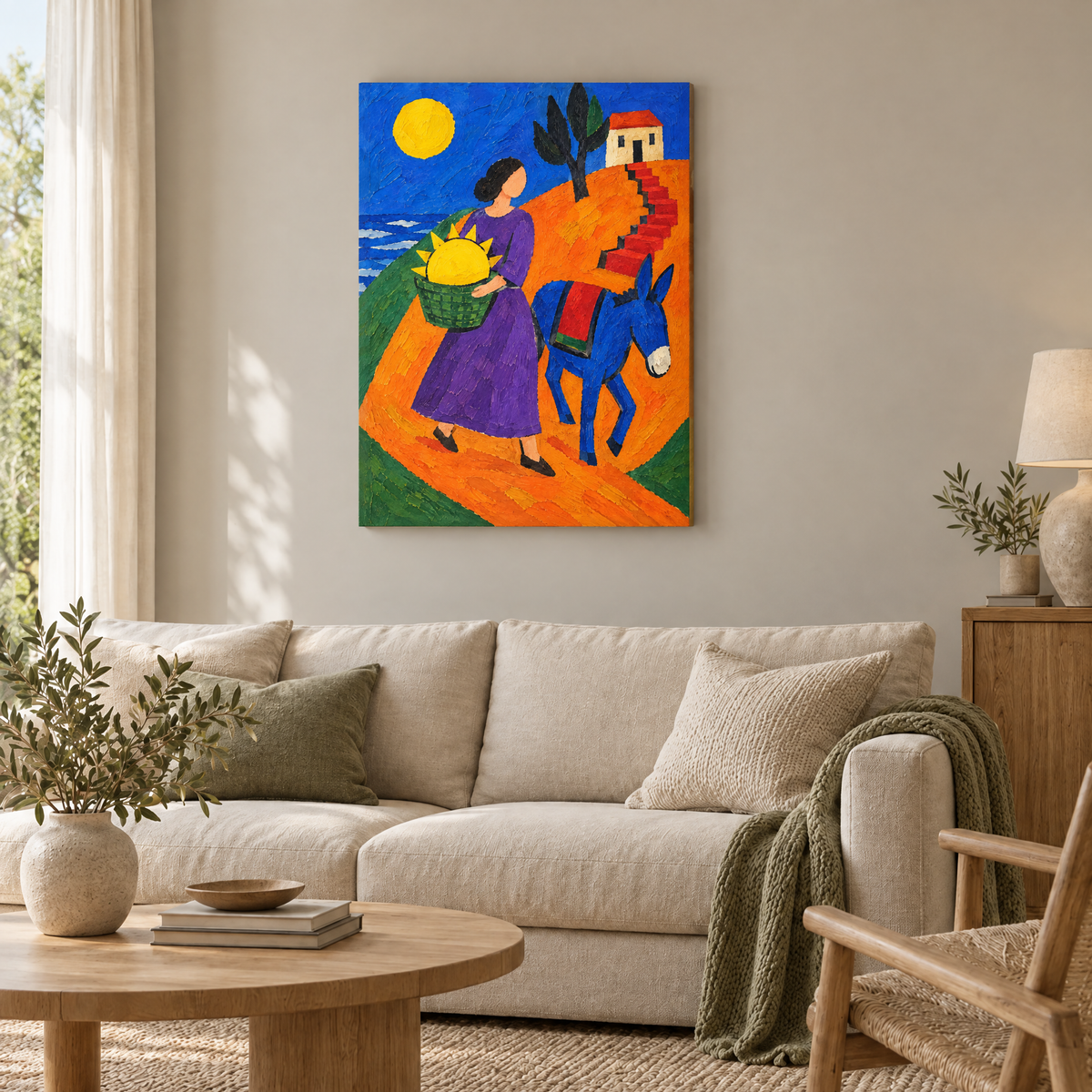 Die Frau mit der Sonne im Korb – Rahmenlose Slim-Leinwand im Wohnzimmer, ohne Weißrand.