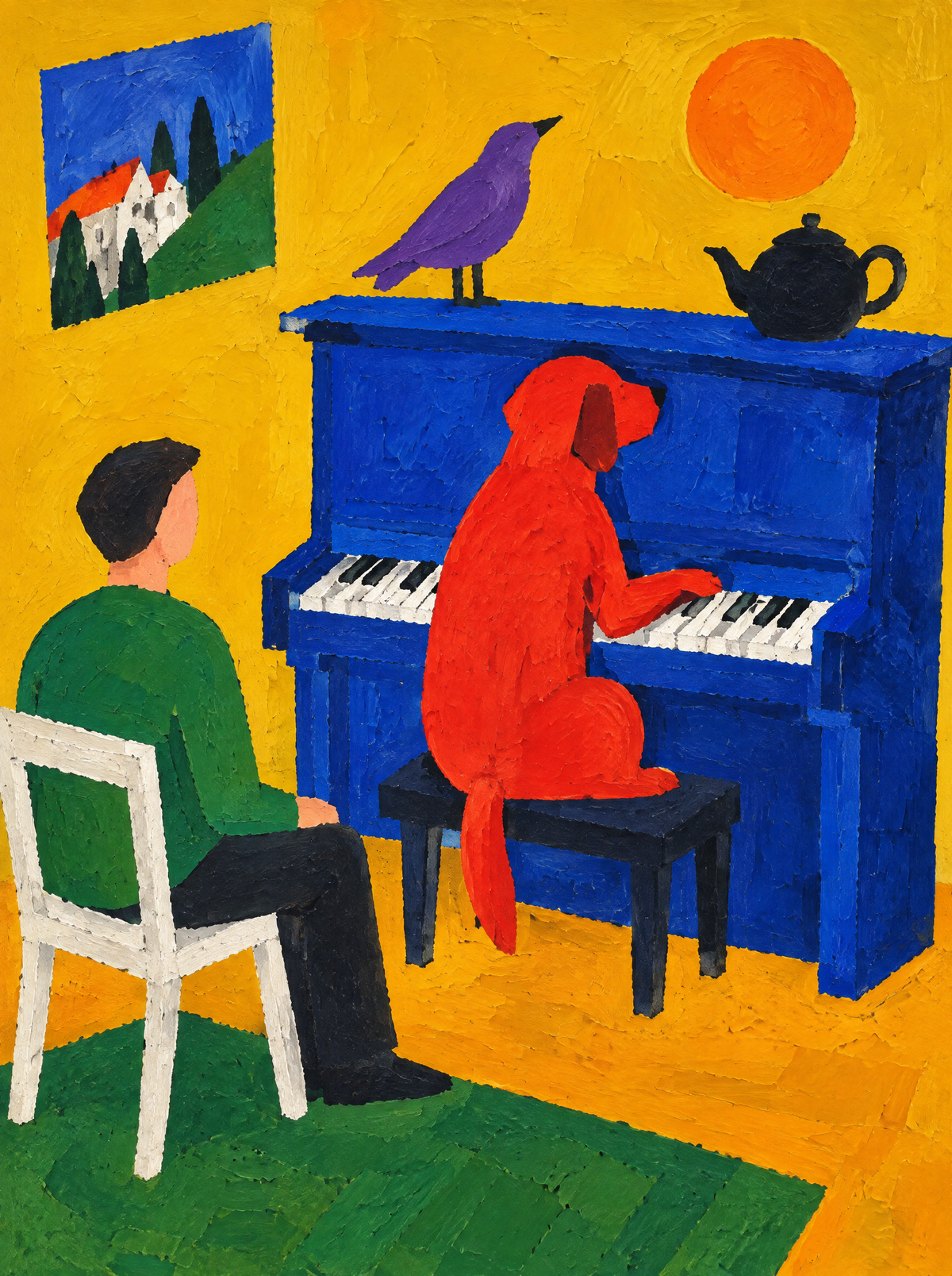 Der rote Hund am Klavier – Kunstmotiv ohne Rahmen.