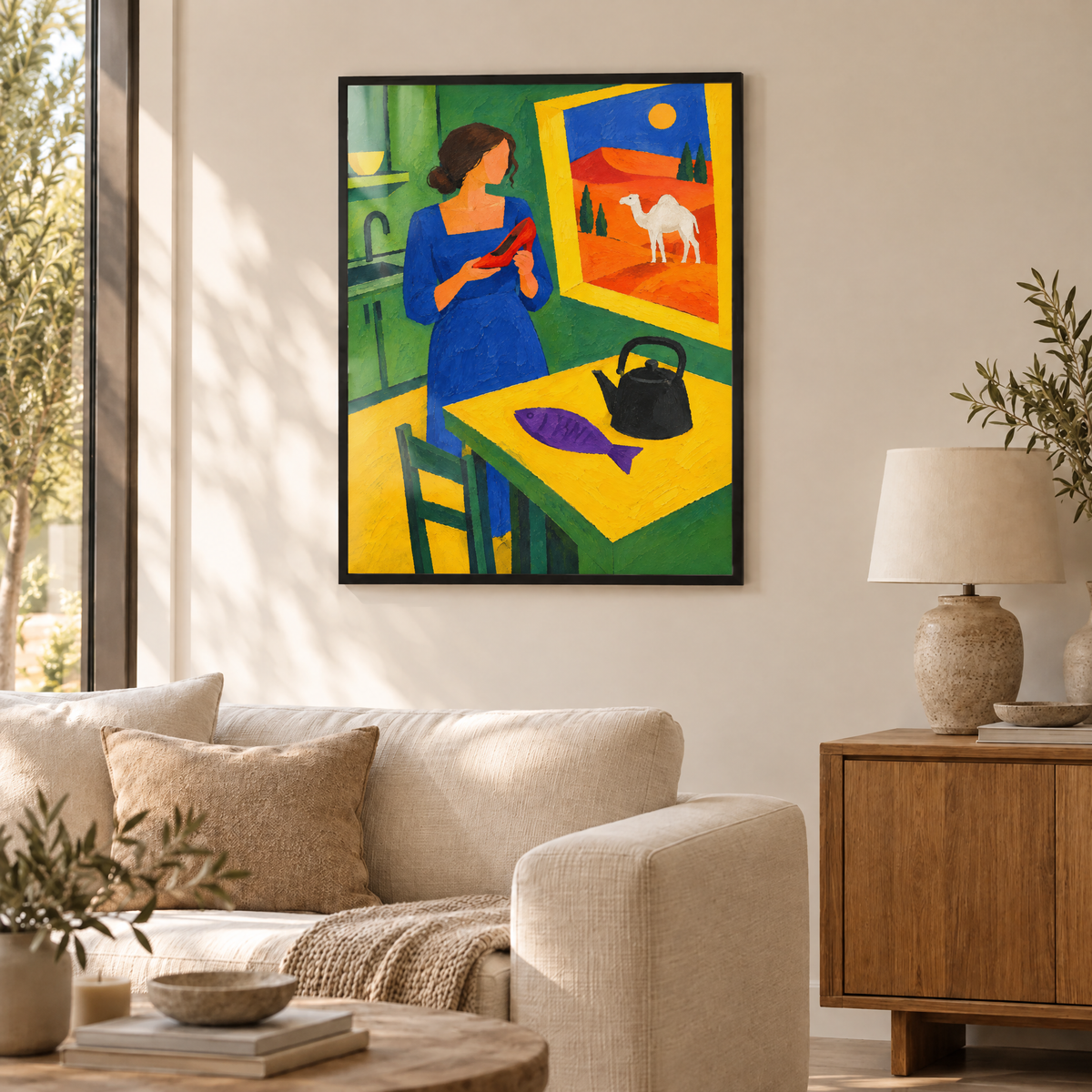 Das Fenster zur Wüste – Poster im schwarzen Holzrahmen im Wohnzimmer, ohne Weißrand.