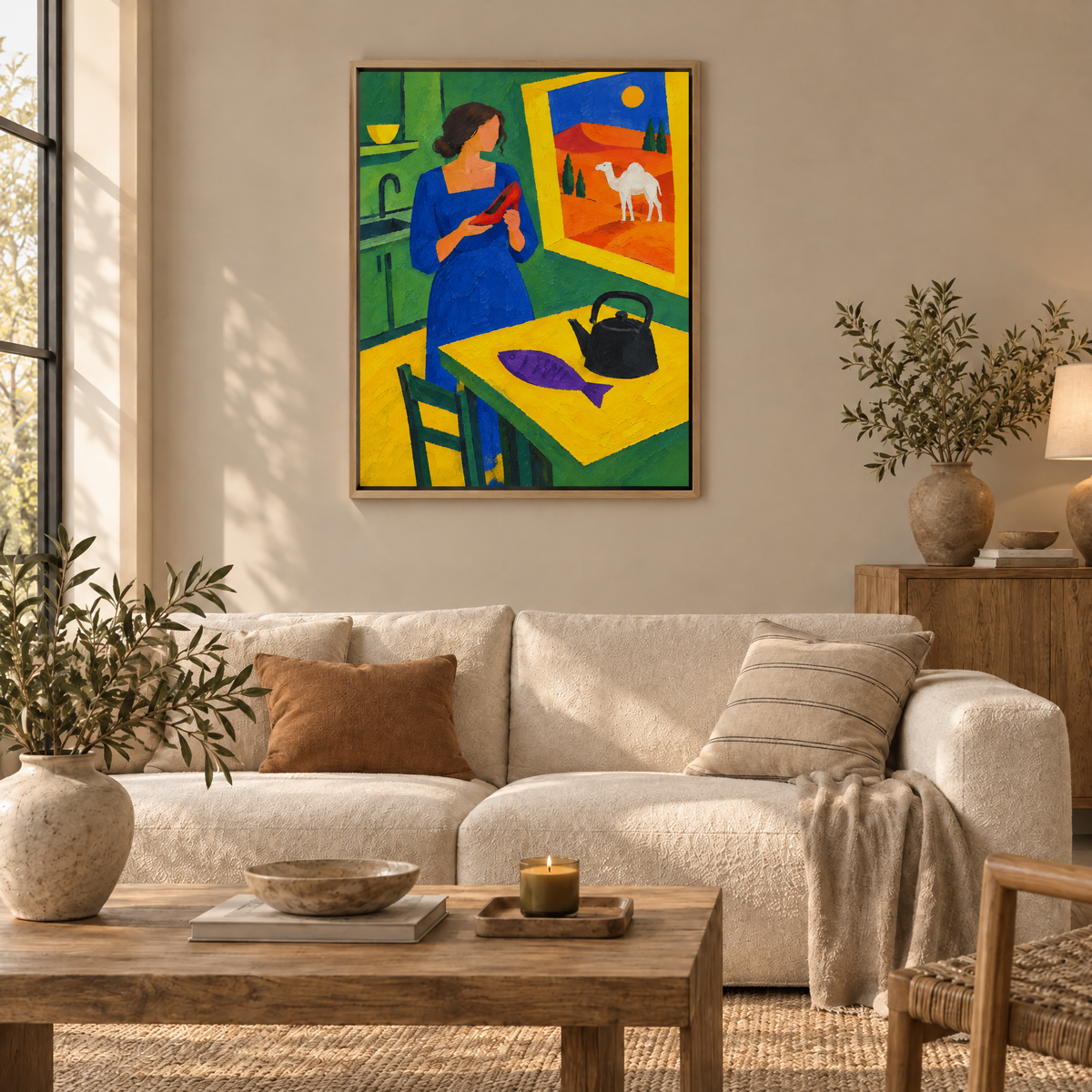 Das Fenster zur Wüste – Leinwand im Naturholz-Schattenfugenrahmen im Wohnzimmer, ohne Weißrand.