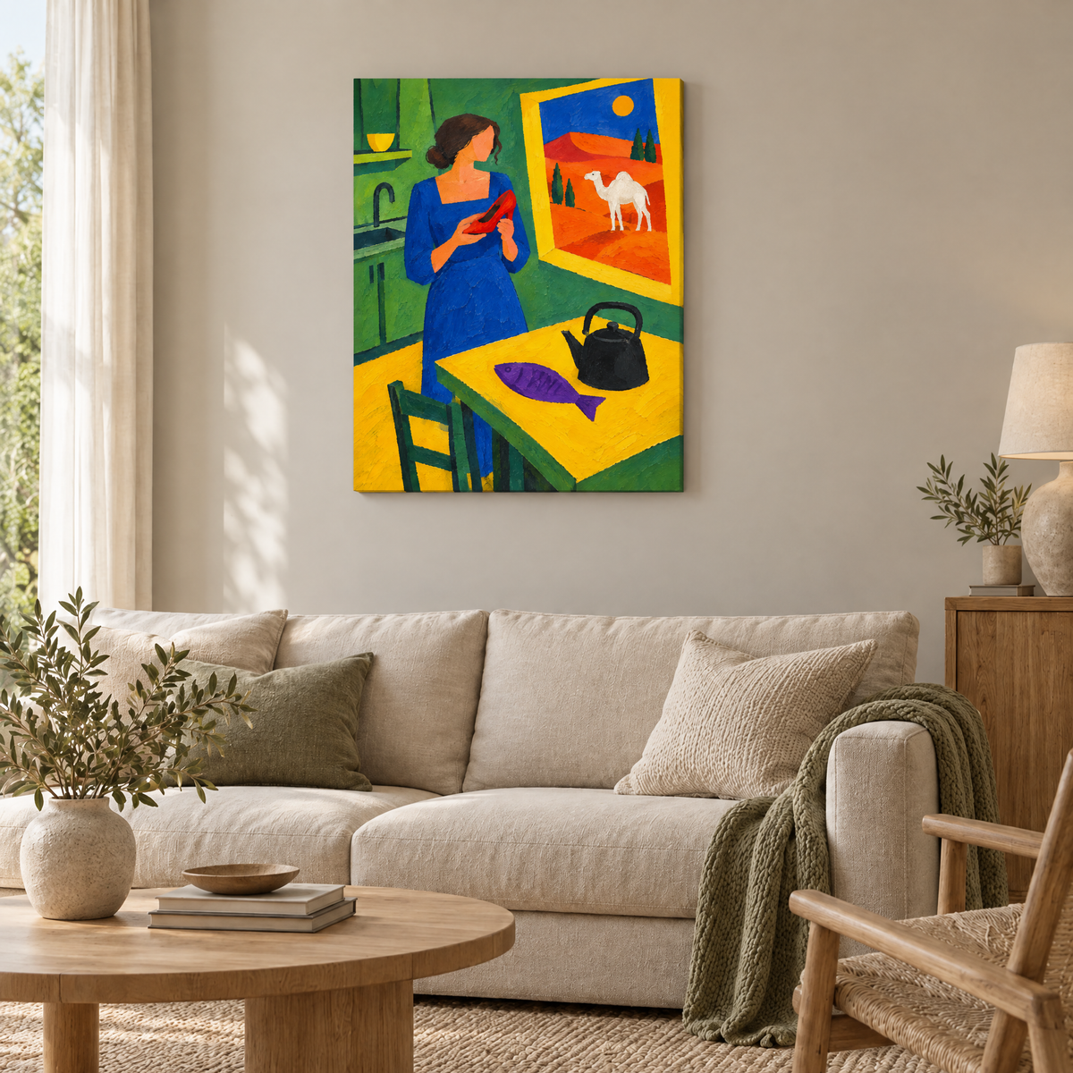 Das Fenster zur Wüste – Rahmenlose Slim-Leinwand im Wohnzimmer, ohne Weißrand.