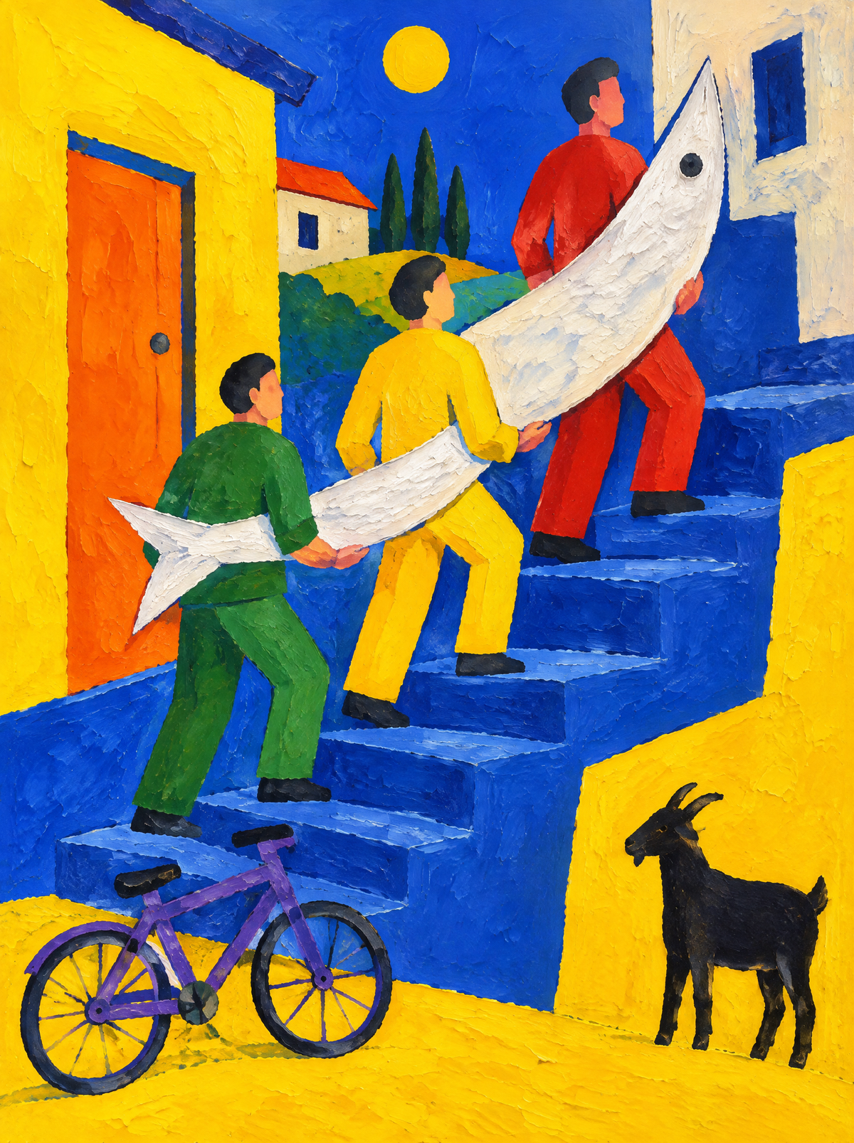 Die drei Männer und der Mondfisch – Kunstmotiv ohne Rahmen.