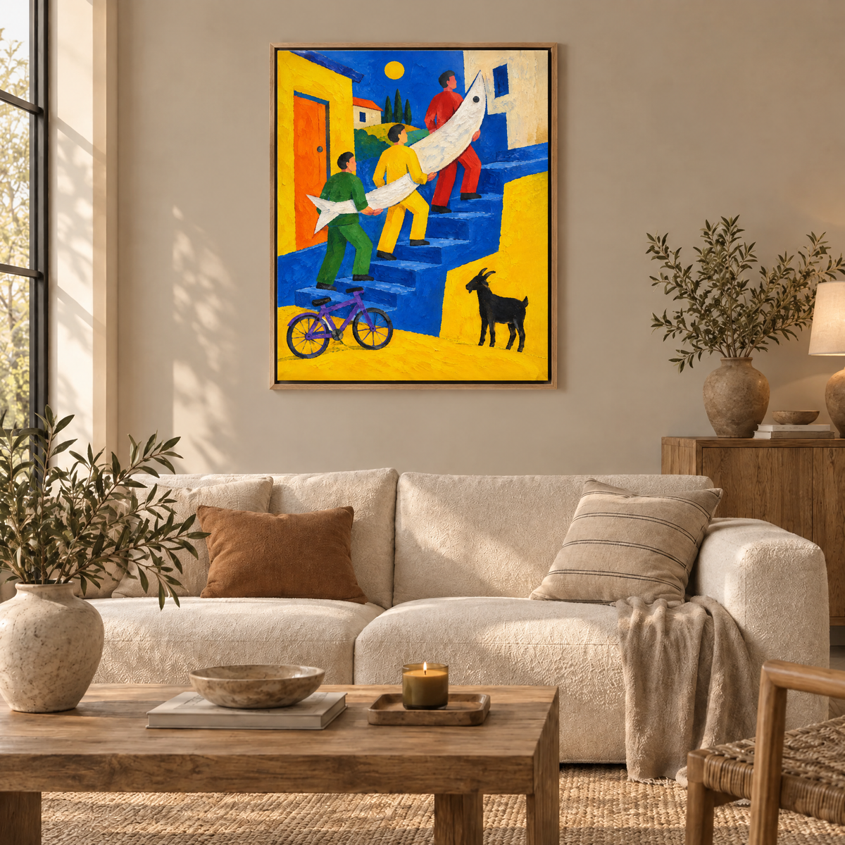 Die drei Männer und der Mondfisch – Leinwand im Naturholz-Schattenfugenrahmen im Wohnzimmer, ohne Weißrand.
