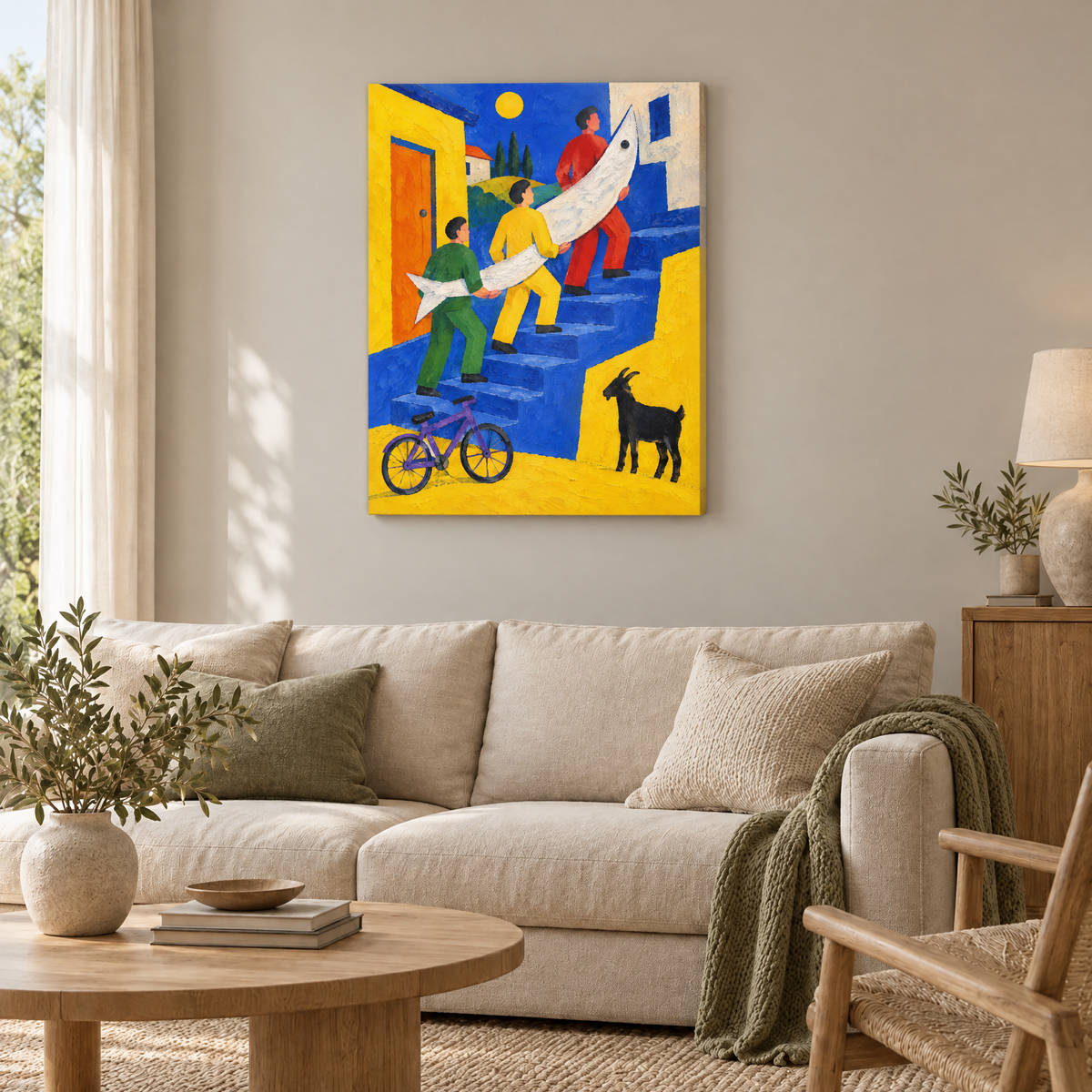 Die drei Männer und der Mondfisch – Rahmenlose Slim-Leinwand im Wohnzimmer, ohne Weißrand.
