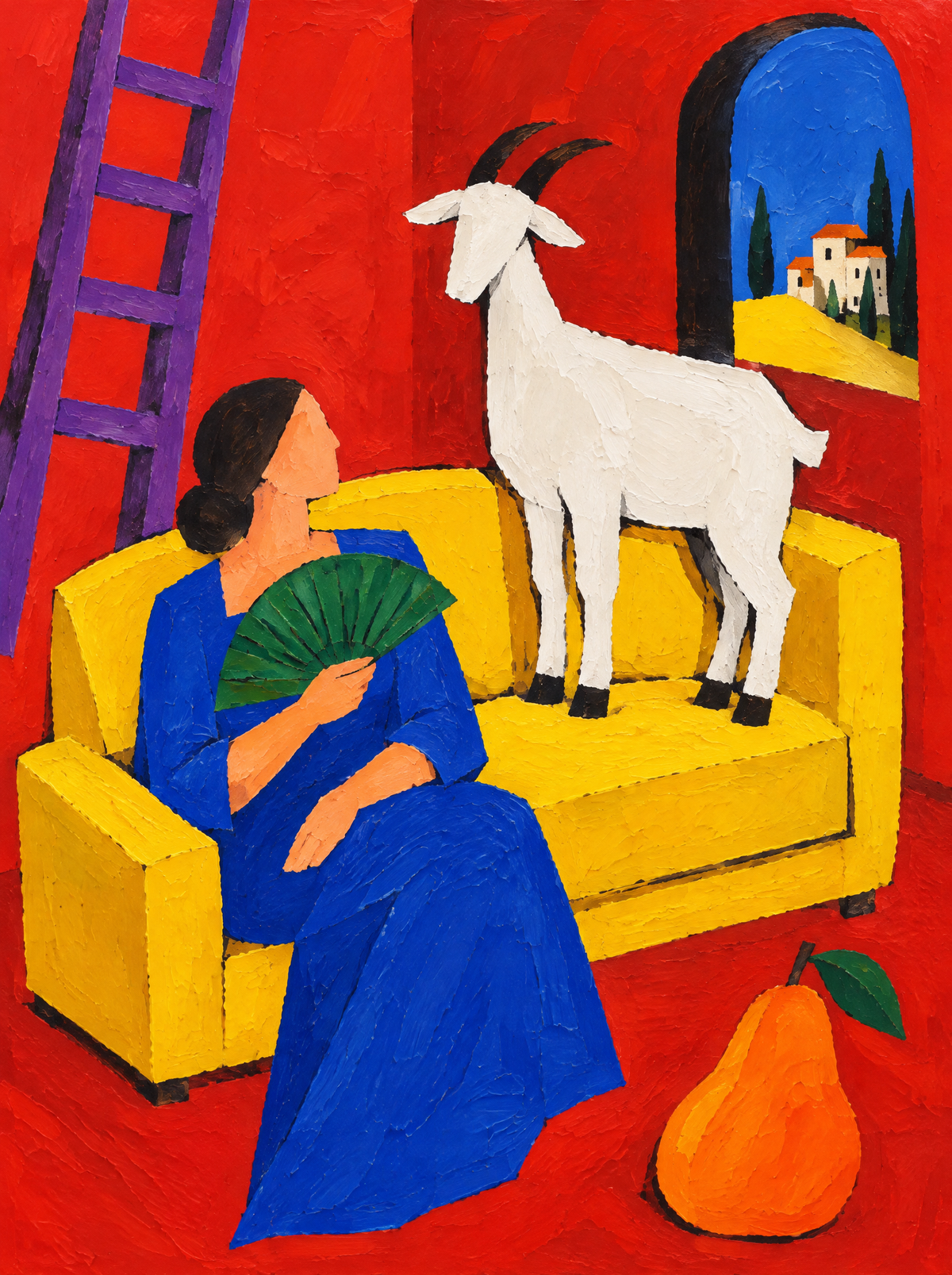 Die Ziege auf dem gelben Sofa – Kunstmotiv ohne Rahmen.