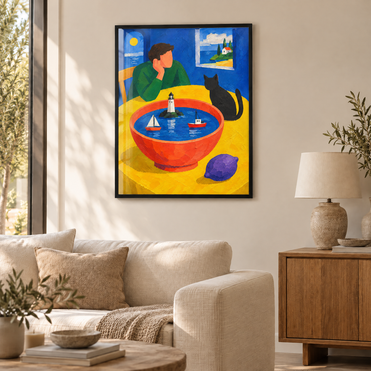 Der Hafen im Suppenteller – Poster im schwarzen Holzrahmen im Wohnzimmer, ohne Weißrand.