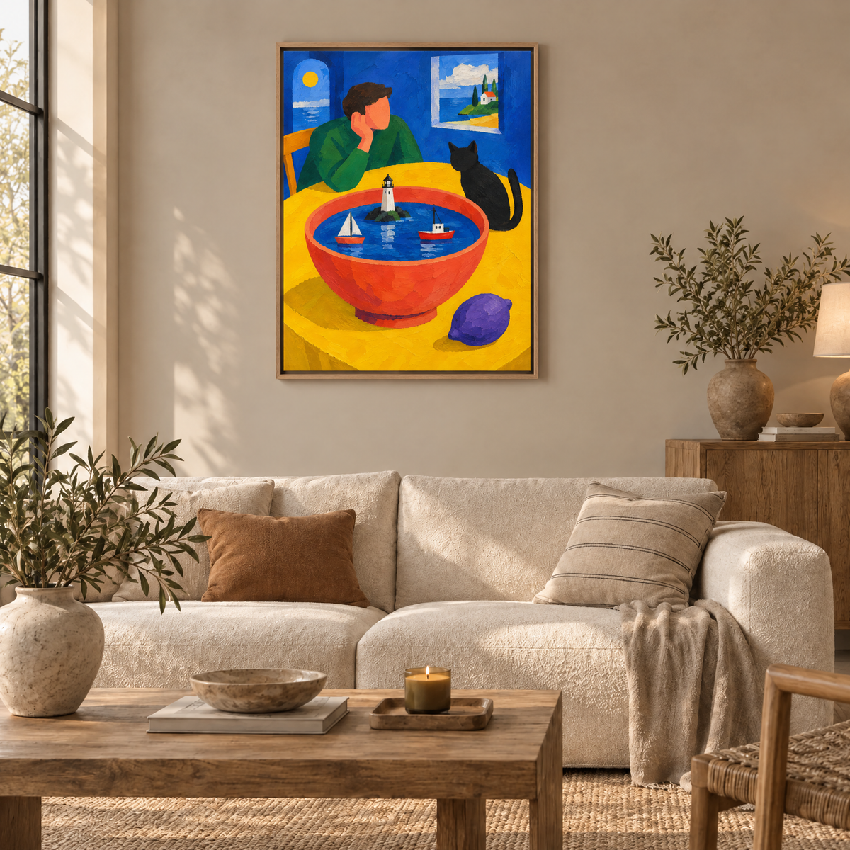 Der Hafen im Suppenteller – Leinwand im Naturholz-Schattenfugenrahmen im Wohnzimmer, ohne Weißrand.