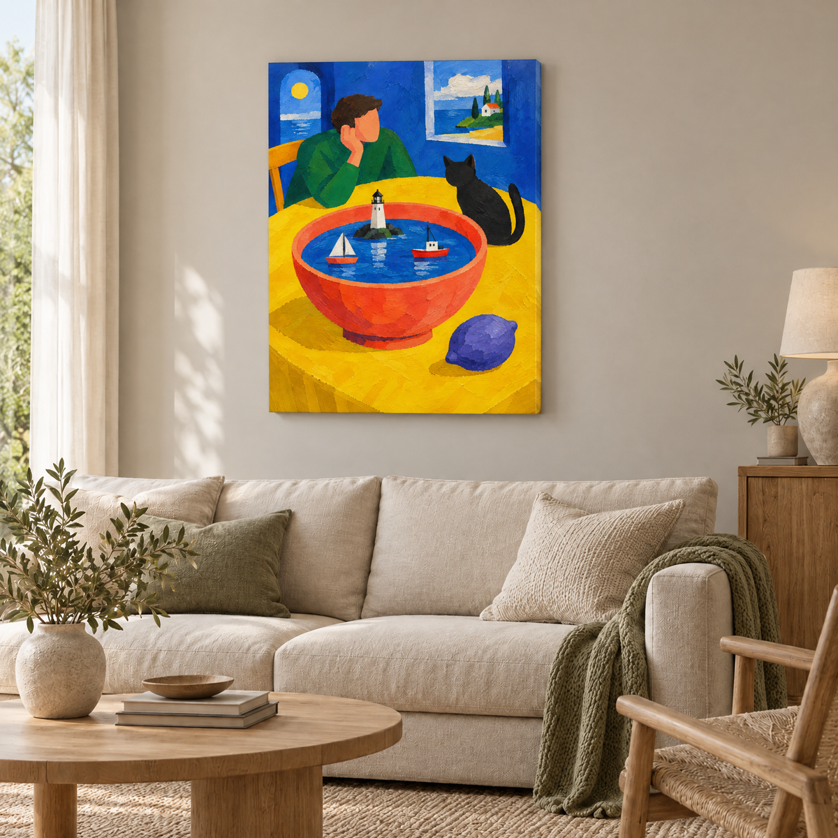 Der Hafen im Suppenteller – Rahmenlose Slim-Leinwand im Wohnzimmer, ohne Weißrand.