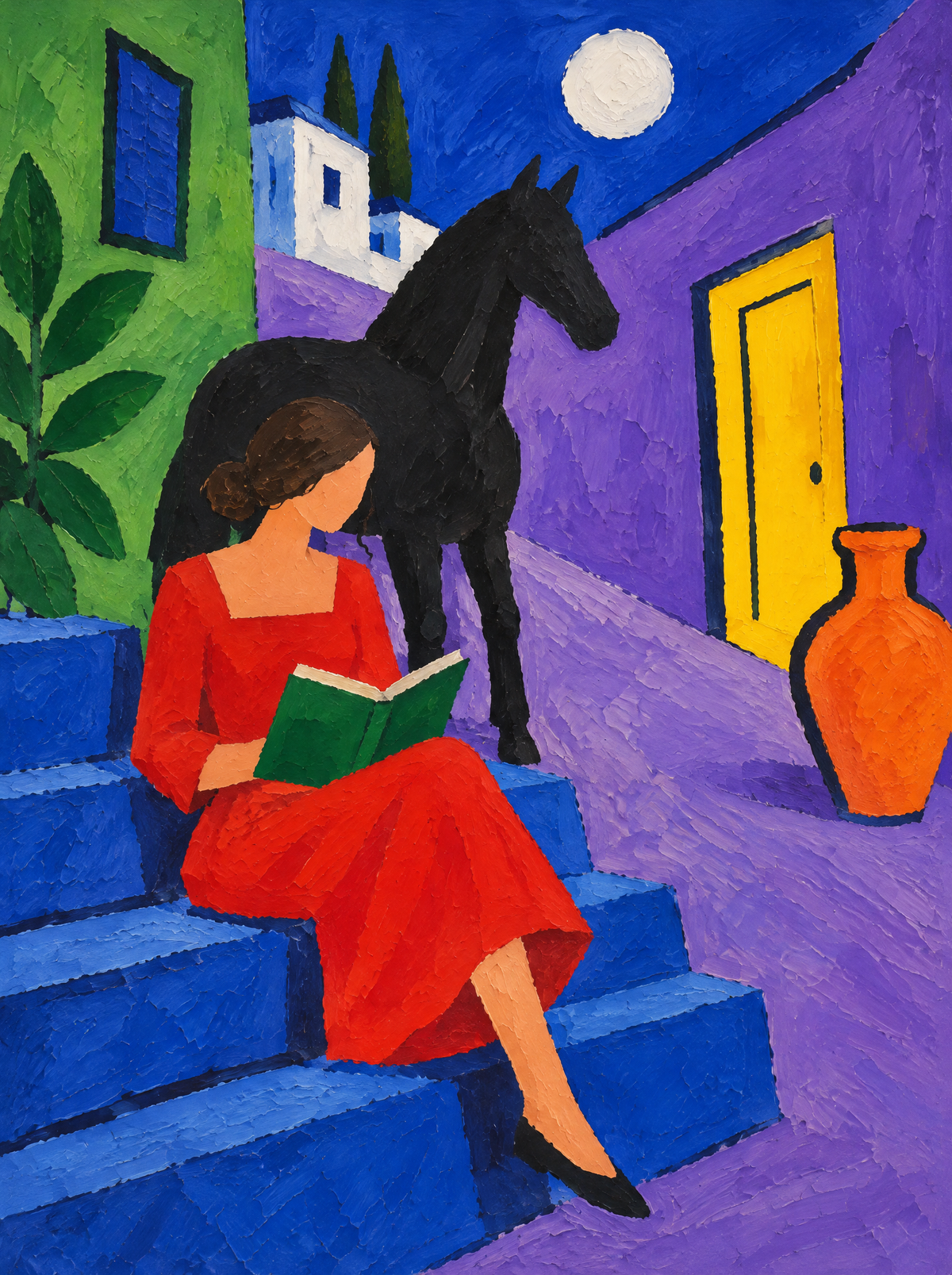 Die Leserin und das schwarze Pferd – Kunstmotiv ohne Rahmen.
