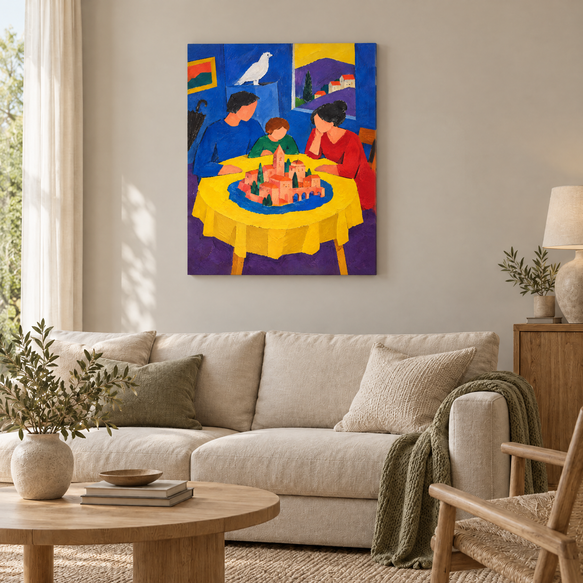Die Stadt auf dem Tisch – Rahmenlose Slim-Leinwand im Wohnzimmer, ohne Weißrand.