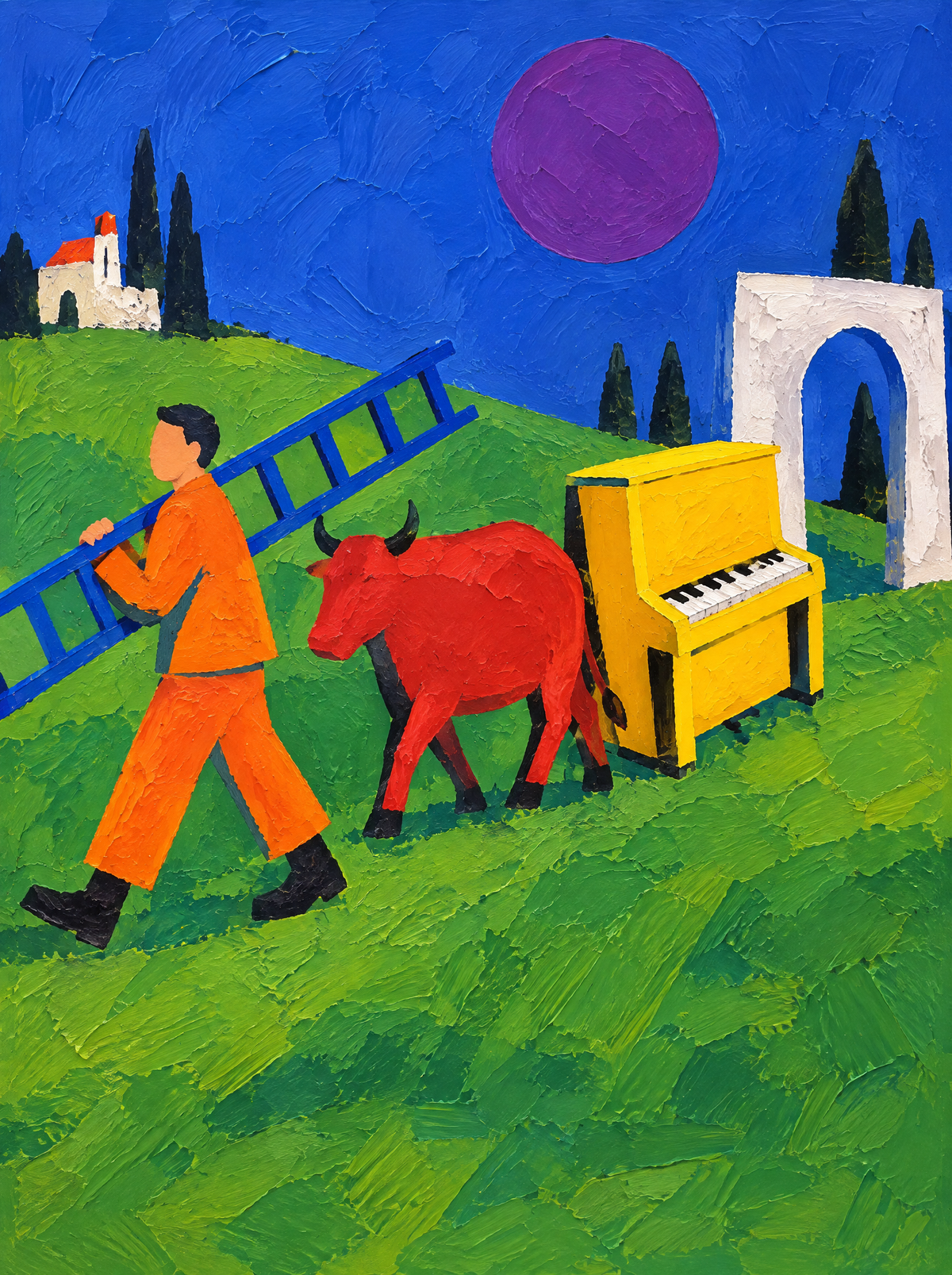 Der Mann mit der blauen Leiter – Kunstmotiv ohne Rahmen.