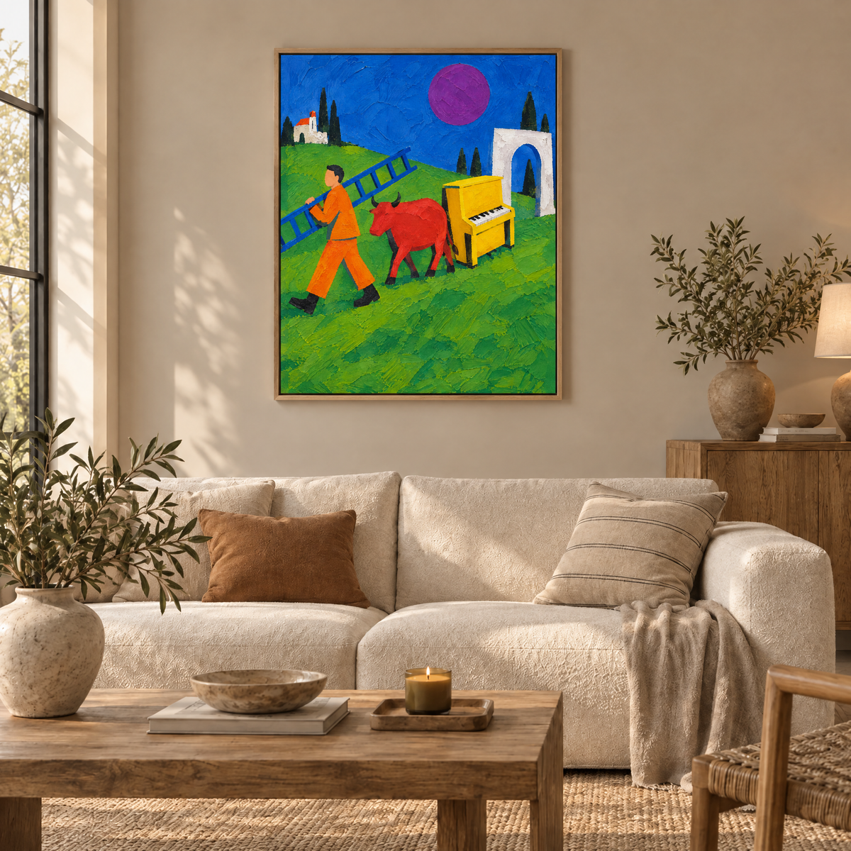 Der Mann mit der blauen Leiter – Leinwand im Naturholz-Schattenfugenrahmen im Wohnzimmer, ohne Weißrand.