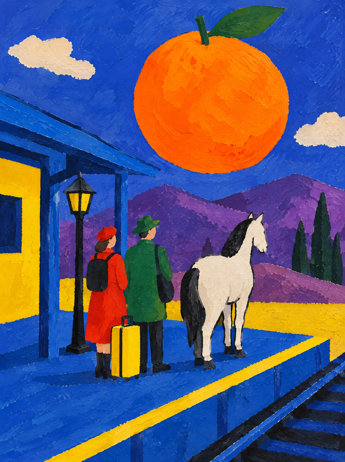 Die Orange über dem Bahnhof – Kunstmotiv ohne Rahmen.