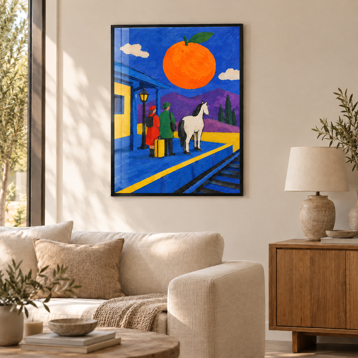 Die Orange über dem Bahnhof – Poster im schwarzen Holzrahmen im Wohnzimmer, ohne Weißrand.