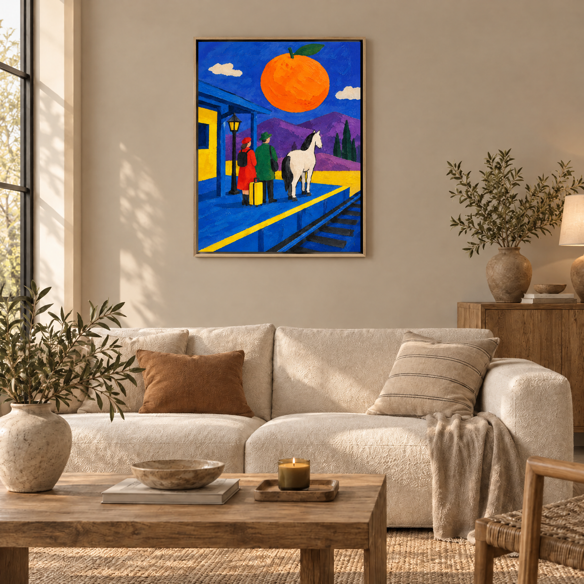 Die Orange über dem Bahnhof – Leinwand im Naturholz-Schattenfugenrahmen im Wohnzimmer, ohne Weißrand.