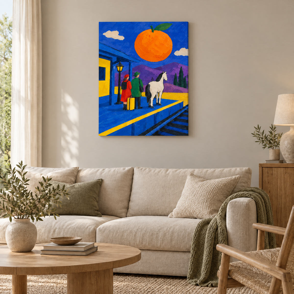 Die Orange über dem Bahnhof – Rahmenlose Slim-Leinwand im Wohnzimmer, ohne Weißrand.