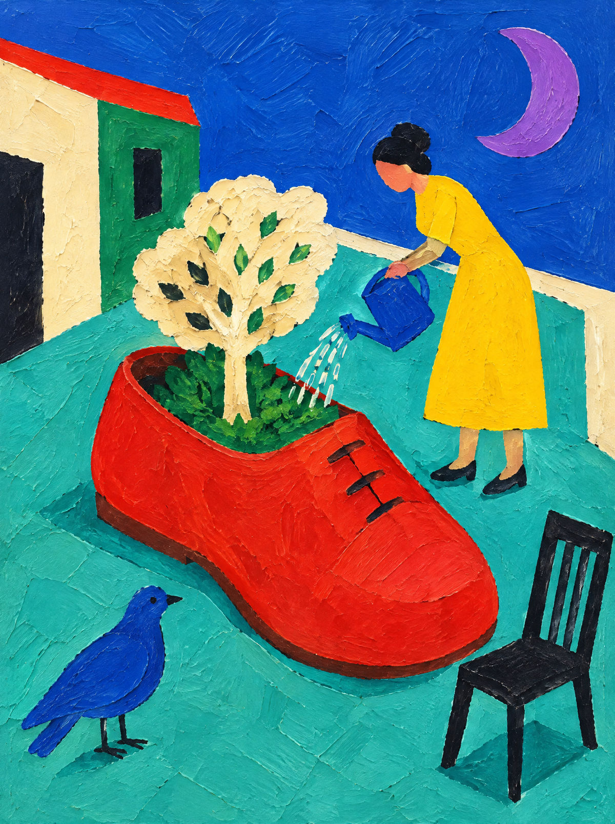 Der Garten im roten Schuh – Kunstmotiv ohne Rahmen.