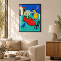 Der Garten im roten Schuh – Poster im schwarzen Holzrahmen im Wohnzimmer, ohne Weißrand.