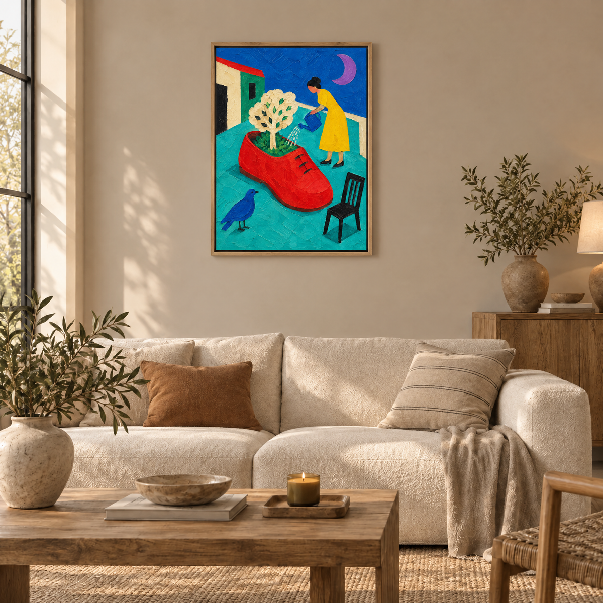 Der Garten im roten Schuh – Leinwand im Naturholz-Schattenfugenrahmen im Wohnzimmer, ohne Weißrand.
