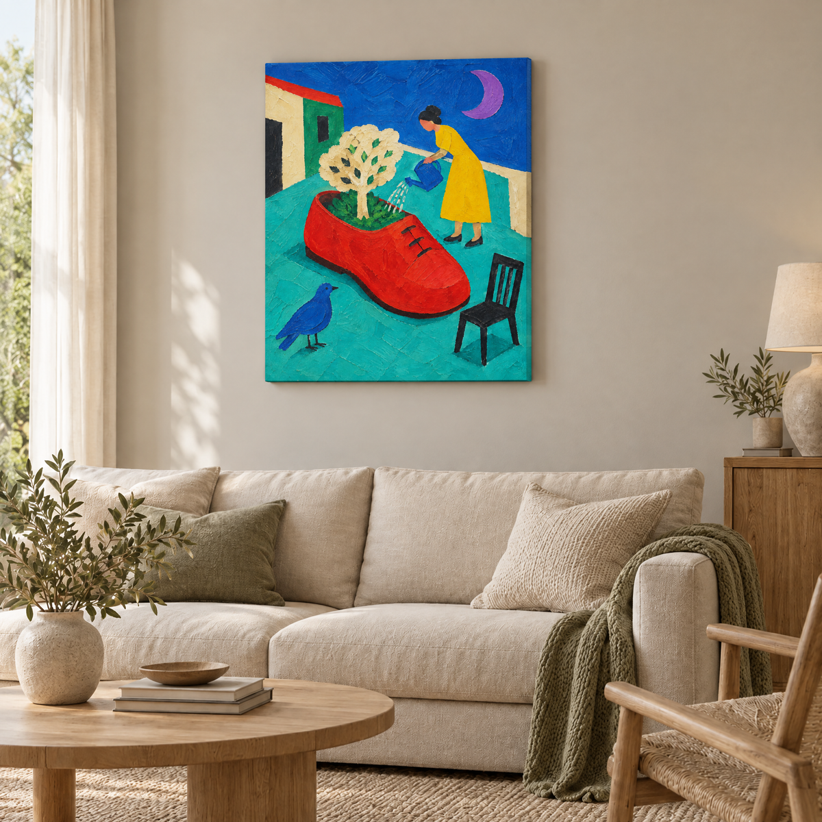 Der Garten im roten Schuh – Rahmenlose Slim-Leinwand im Wohnzimmer, ohne Weißrand.