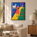 Die Frau zwischen zwei Meeren – Poster im schwarzen Holzrahmen im Wohnzimmer, ohne Weißrand.