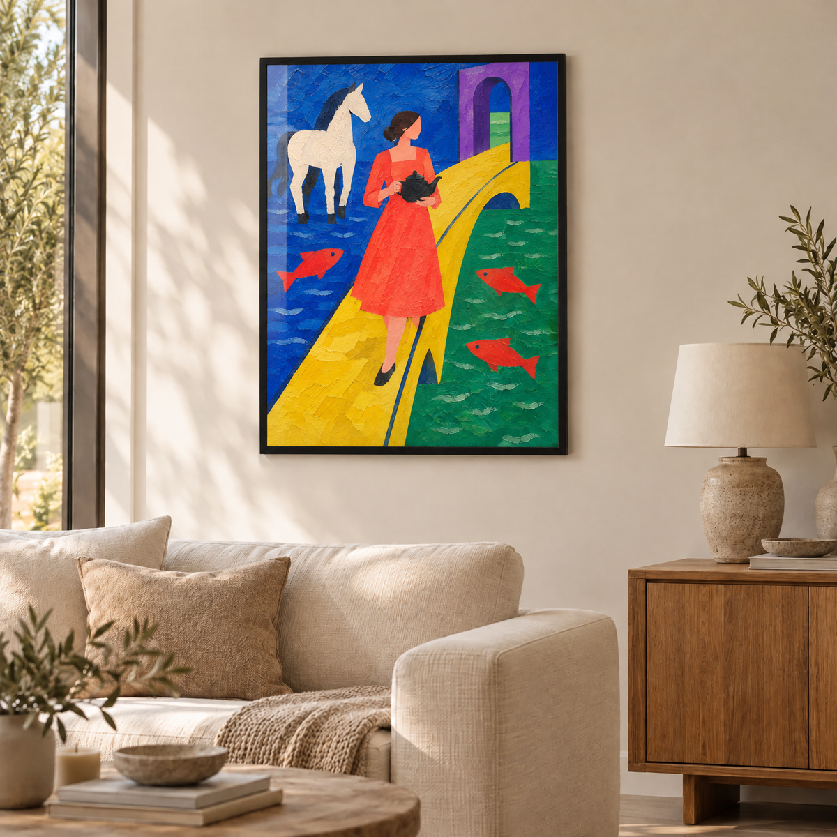 Die Frau zwischen zwei Meeren – Poster im schwarzen Holzrahmen im Wohnzimmer, ohne Weißrand.