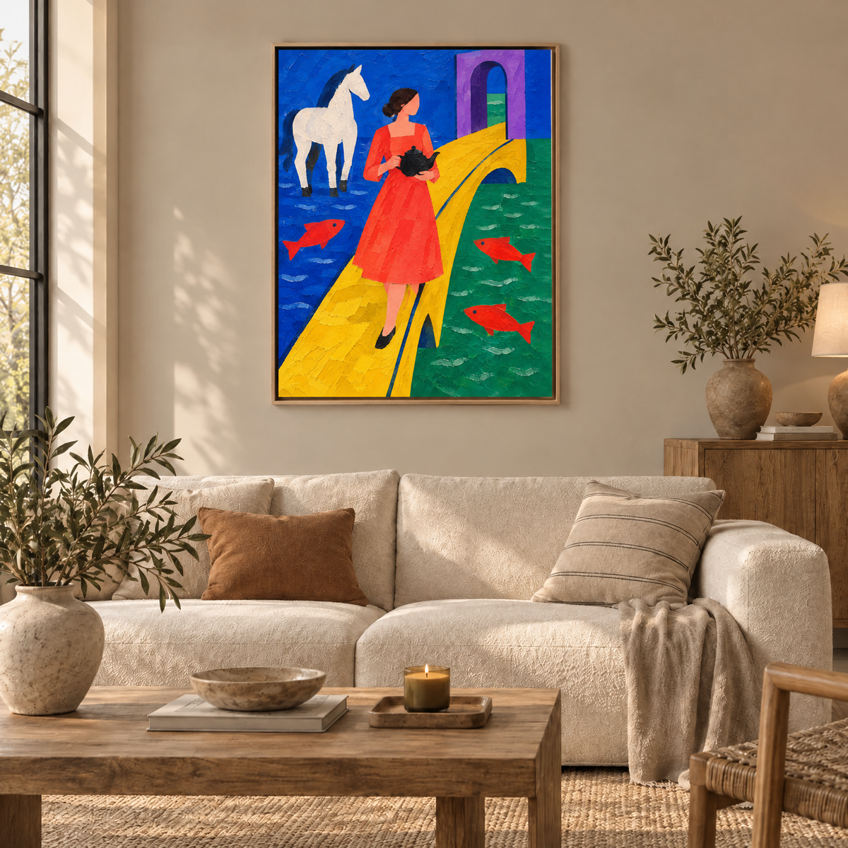 Die Frau zwischen zwei Meeren – Leinwand im Naturholz-Schattenfugenrahmen im Wohnzimmer, ohne Weißrand.