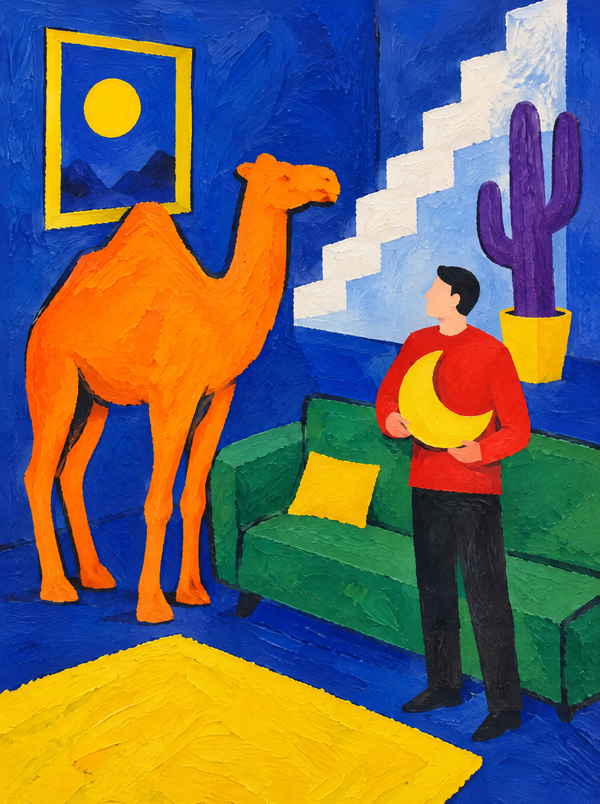 Das Kamel im Wohnzimmer – Kunstmotiv ohne Rahmen.
