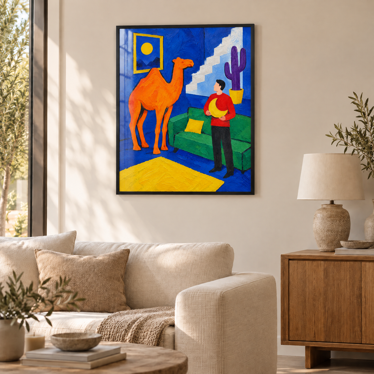 Das Kamel im Wohnzimmer – Poster im schwarzen Holzrahmen im Wohnzimmer, ohne Weißrand.