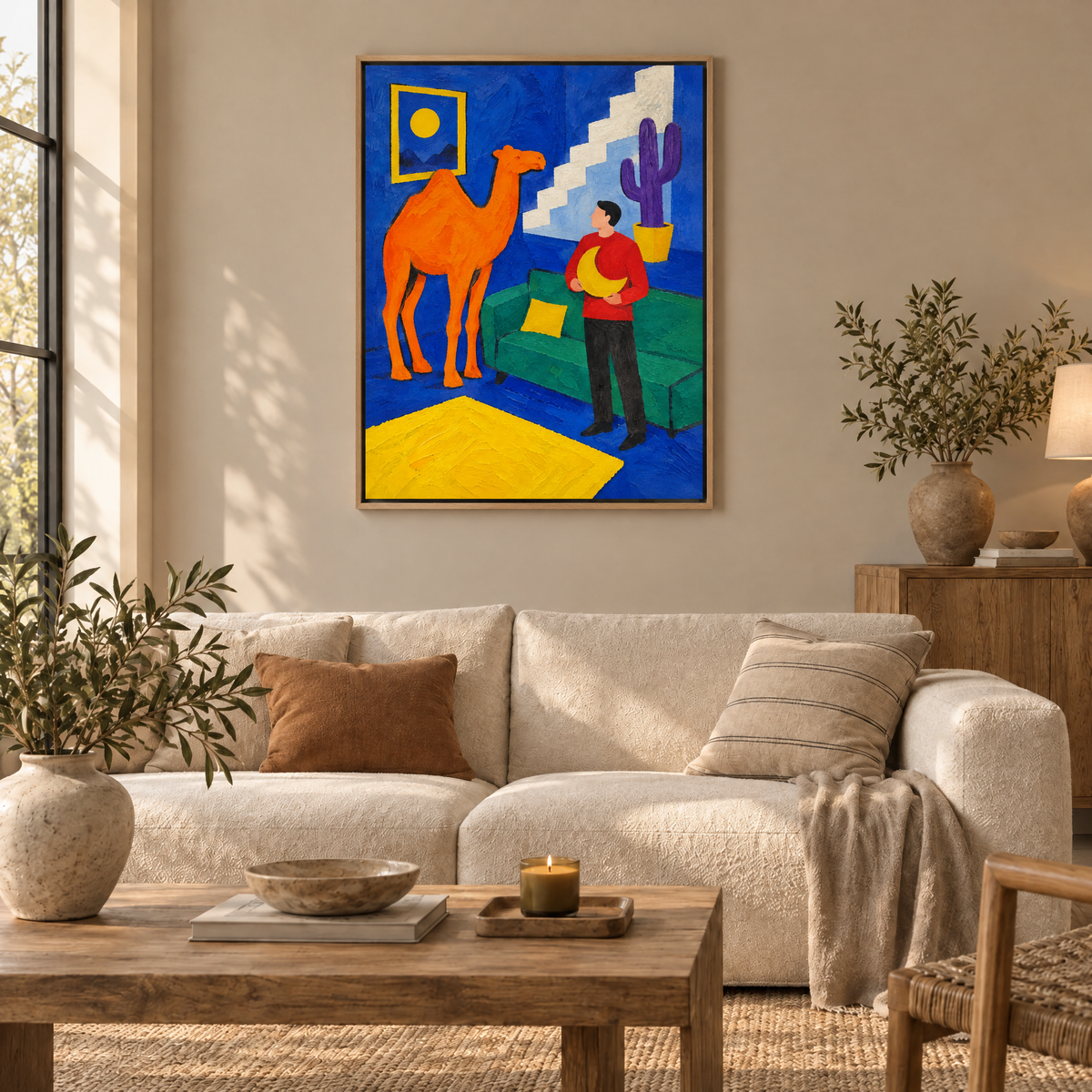 Das Kamel im Wohnzimmer – Leinwand im Naturholz-Schattenfugenrahmen im Wohnzimmer, ohne Weißrand.