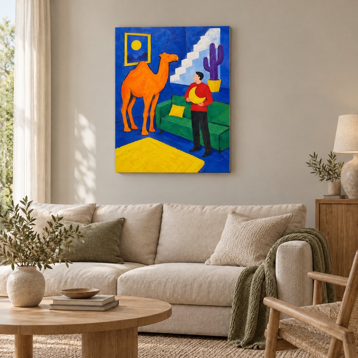 Das Kamel im Wohnzimmer – Rahmenlose Slim-Leinwand im Wohnzimmer, ohne Weißrand.