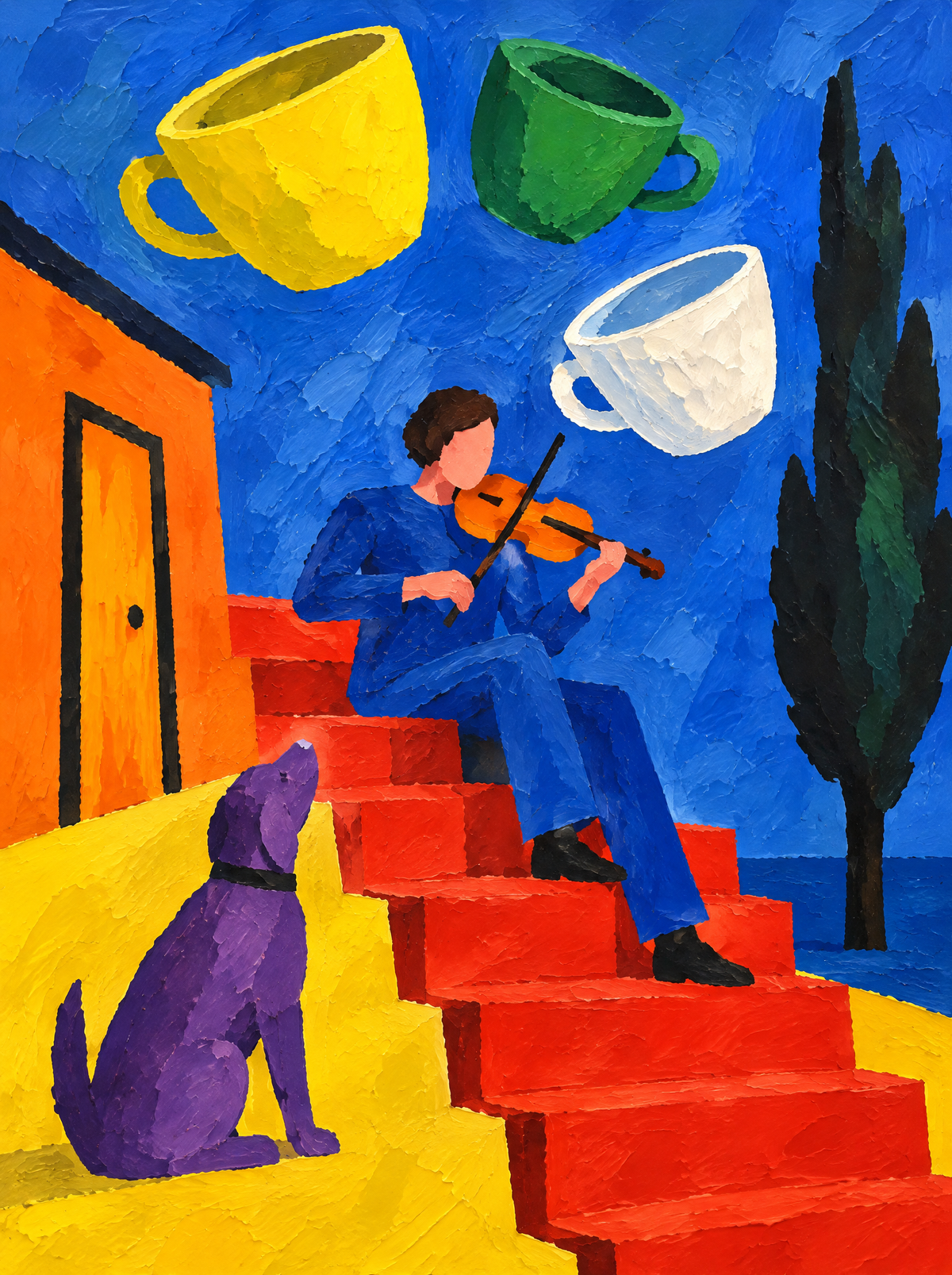 Der Geiger und die fliegenden Tassen – Kunstmotiv ohne Rahmen.