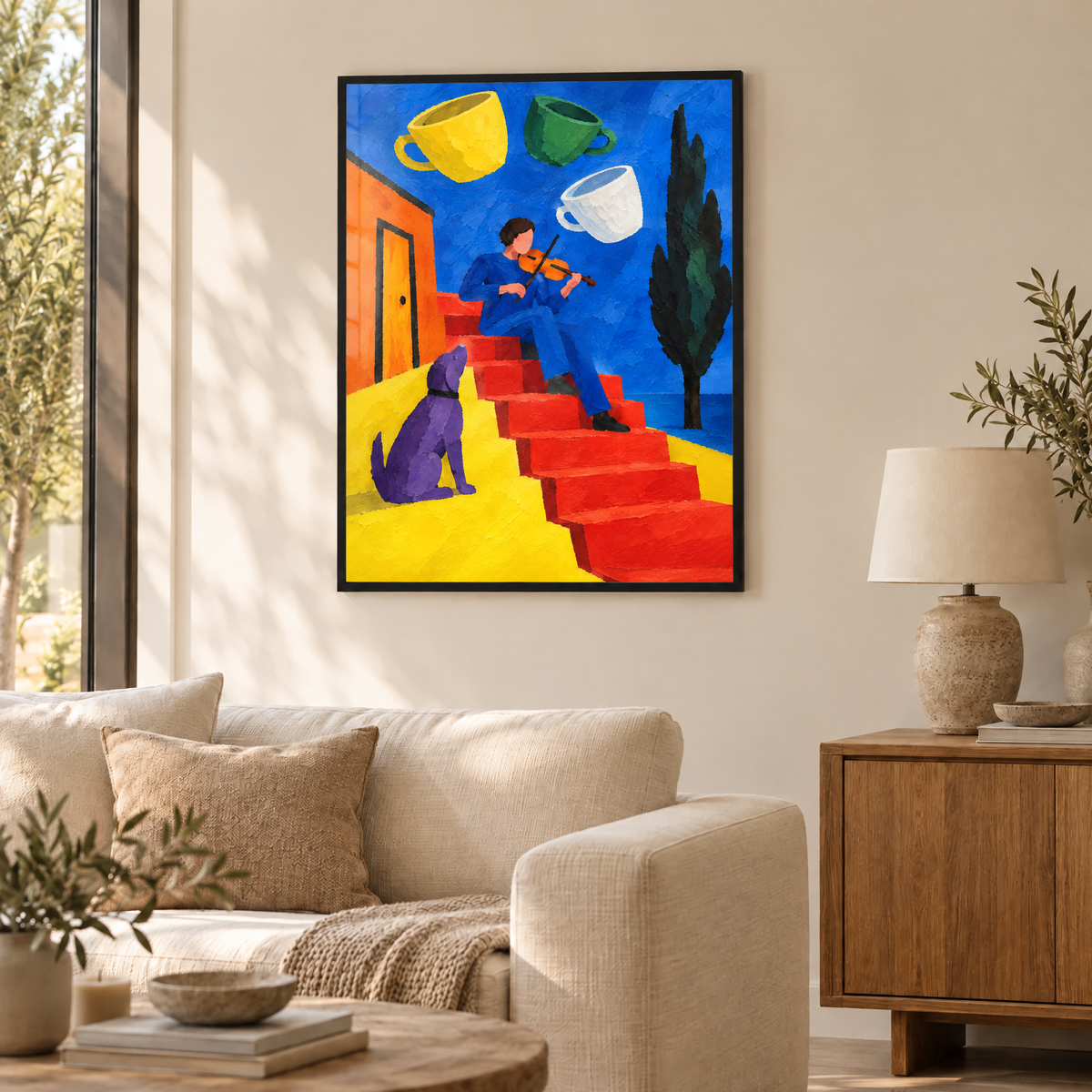 Der Geiger und die fliegenden Tassen – Poster im schwarzen Holzrahmen im Wohnzimmer, ohne Weißrand.