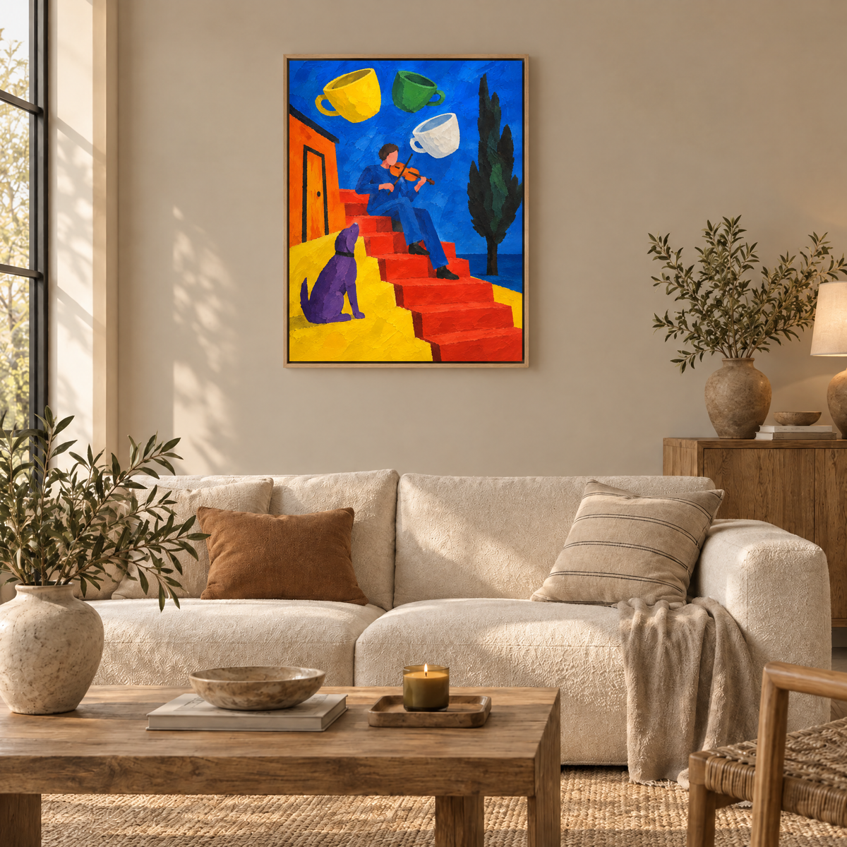 Der Geiger und die fliegenden Tassen – Leinwand im Naturholz-Schattenfugenrahmen im Wohnzimmer, ohne Weißrand.