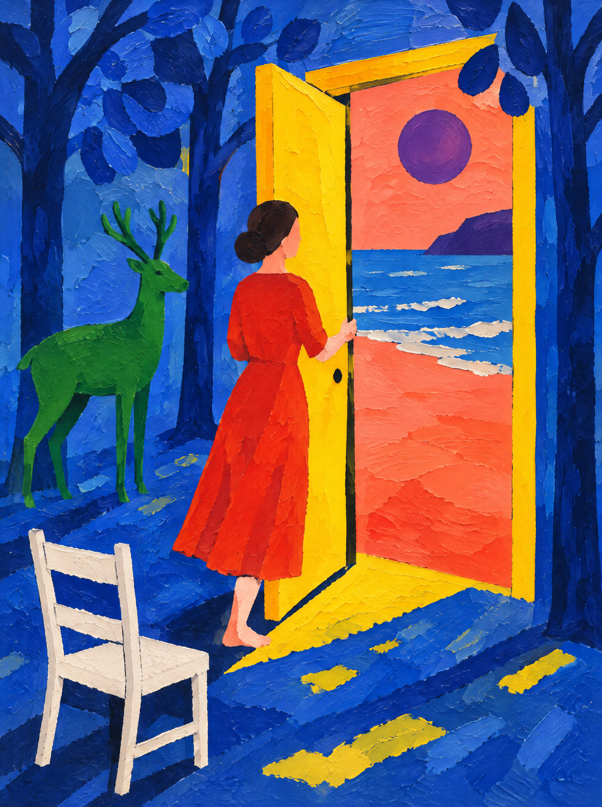 Die gelbe Tür im Wald – Kunstmotiv ohne Rahmen.