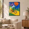 Der Mond auf dem Fahrrad – Poster im schwarzen Holzrahmen im Wohnzimmer, ohne Weißrand.