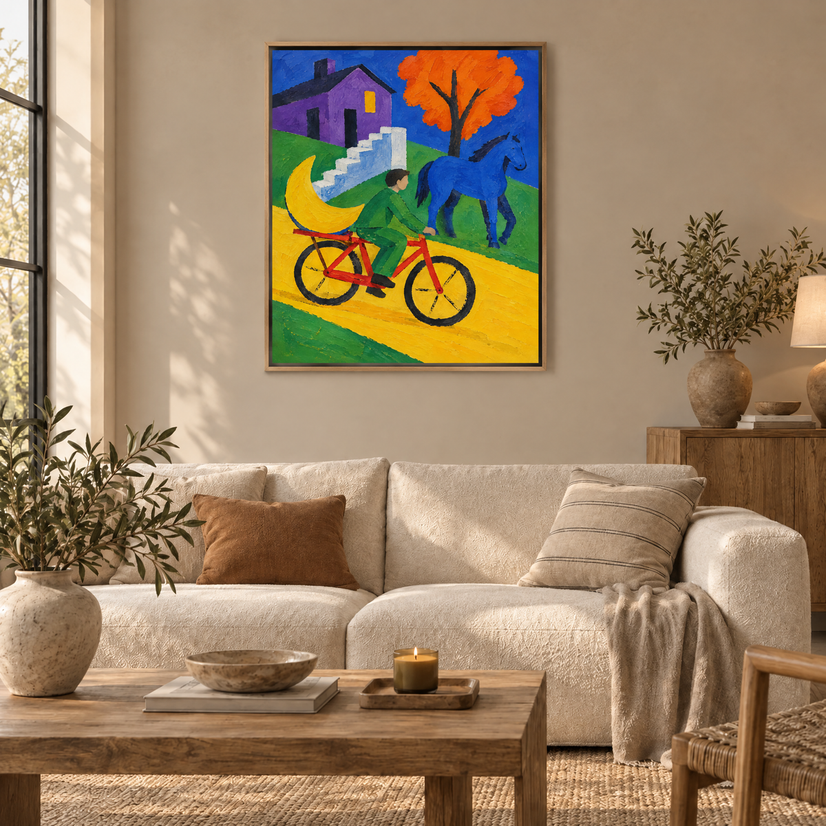 Der Mond auf dem Fahrrad – Leinwand im Naturholz-Schattenfugenrahmen im Wohnzimmer, ohne Weißrand.