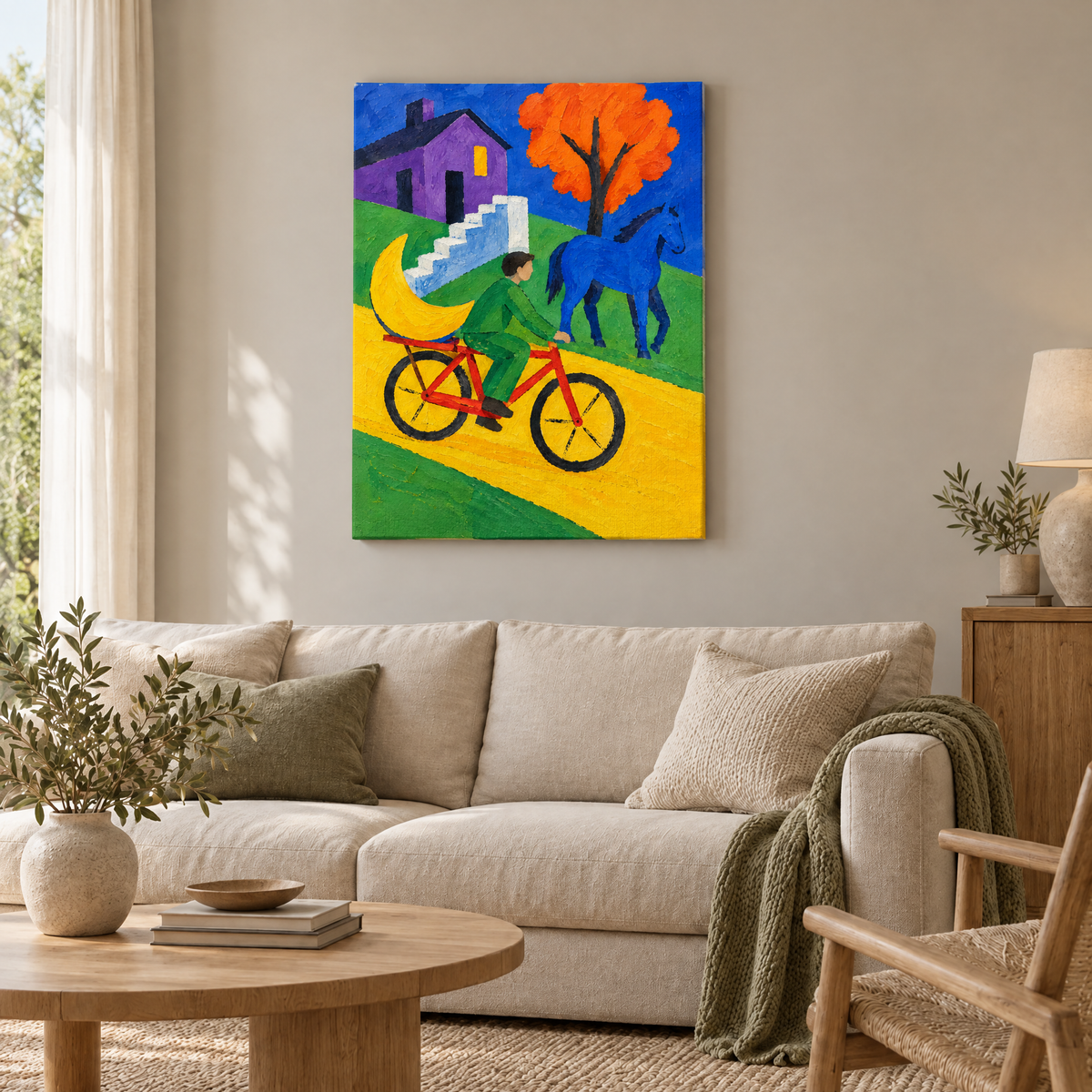 Der Mond auf dem Fahrrad – Rahmenlose Slim-Leinwand im Wohnzimmer, ohne Weißrand.