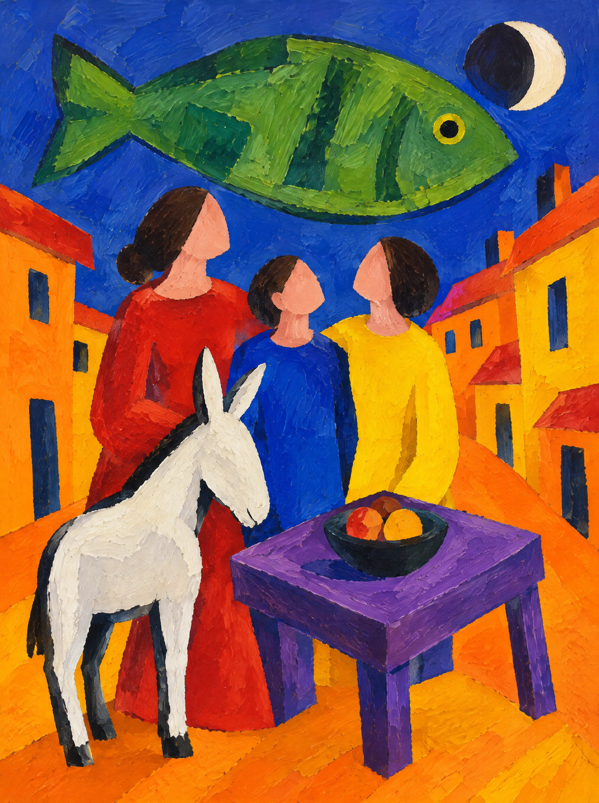 Die Familie unter dem großen Fisch – Kunstmotiv ohne Rahmen.