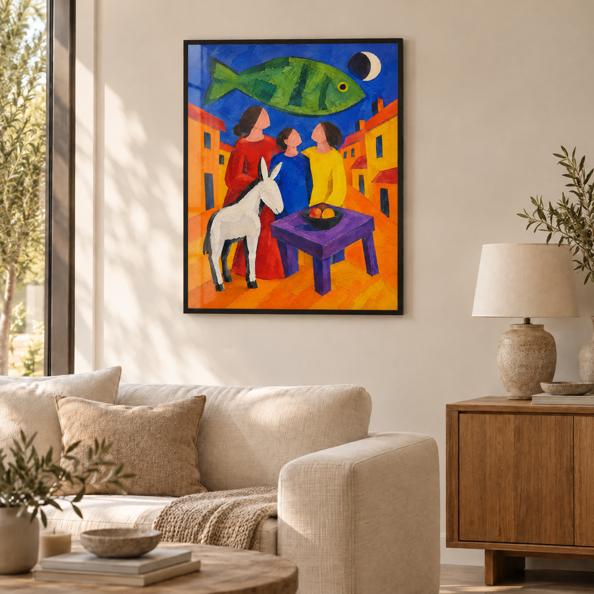 Die Familie unter dem großen Fisch – Poster im schwarzen Holzrahmen im Wohnzimmer, ohne Weißrand.