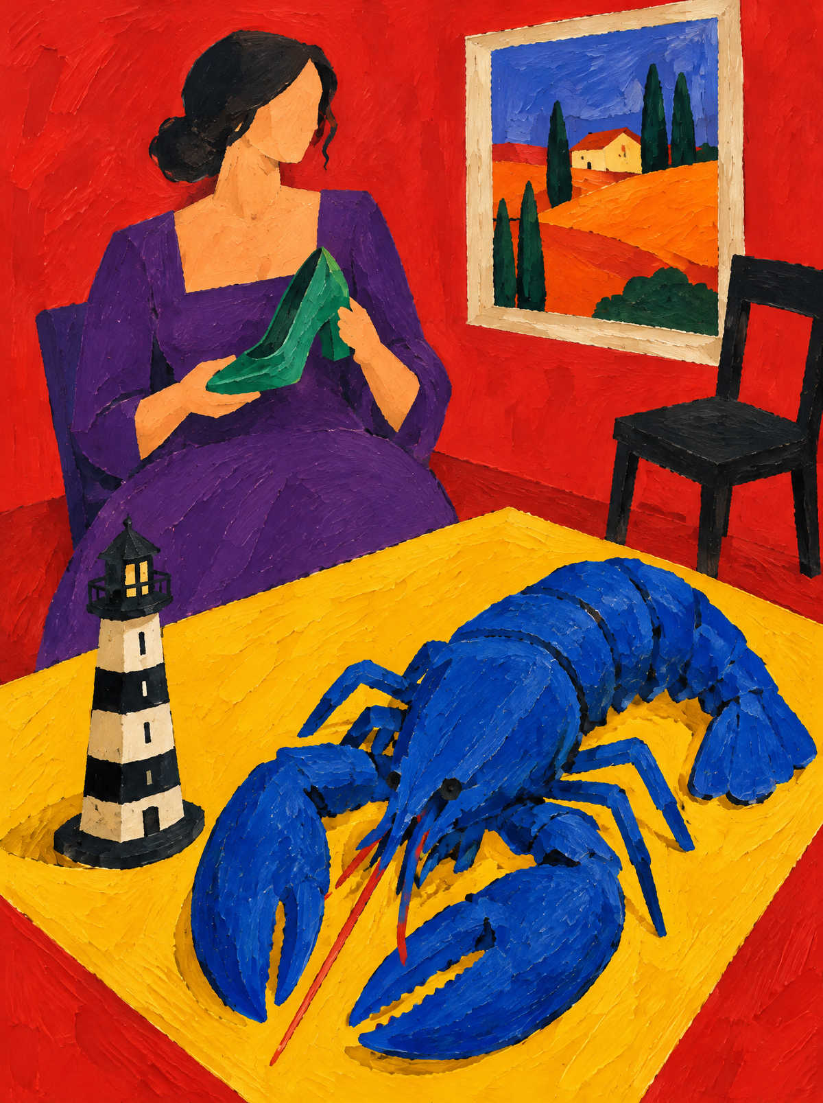 Der blaue Hummer im roten Salon – Kunstmotiv ohne Rahmen.