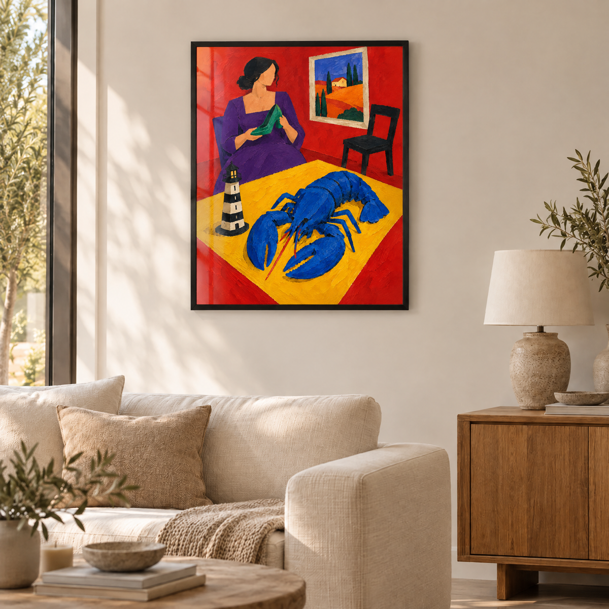 Der blaue Hummer im roten Salon – Poster im schwarzen Holzrahmen im Wohnzimmer, ohne Weißrand.
