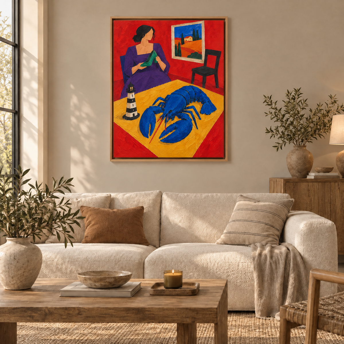 Der blaue Hummer im roten Salon – Leinwand im Naturholz-Schattenfugenrahmen im Wohnzimmer, ohne Weißrand.