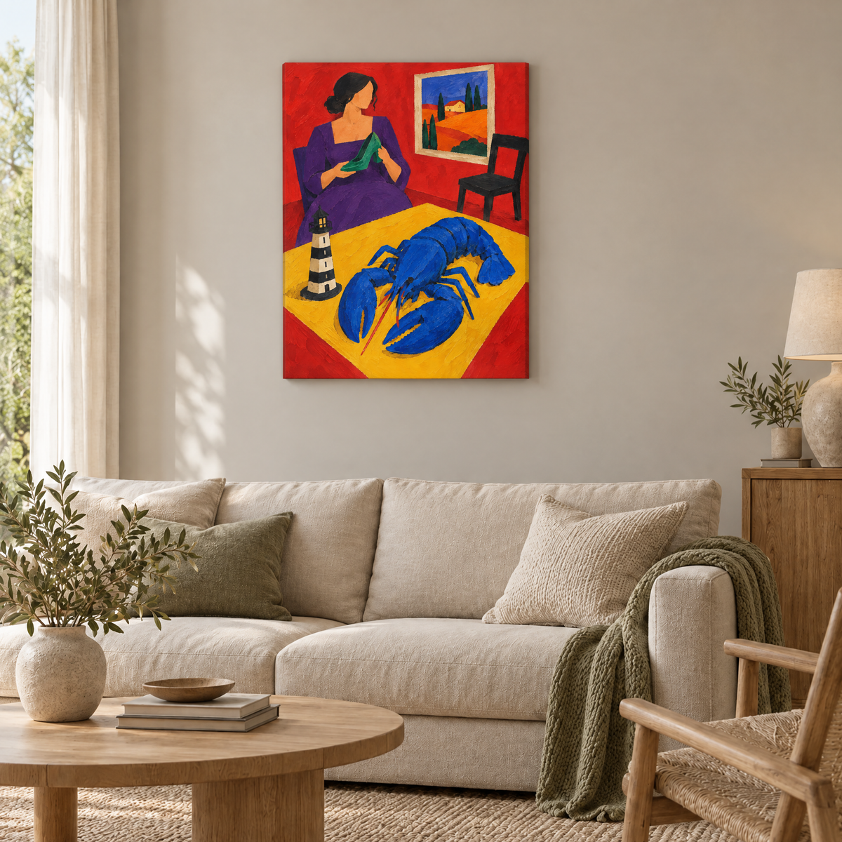 Der blaue Hummer im roten Salon – Rahmenlose Slim-Leinwand im Wohnzimmer, ohne Weißrand.