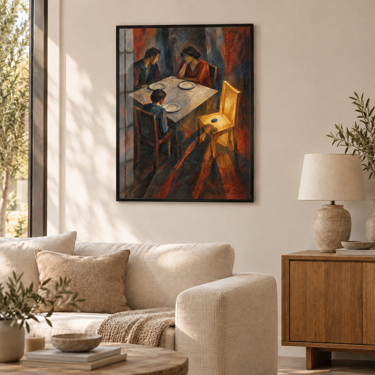 Der leere Platz – Poster im schwarzen Holzrahmen im Wohnzimmer, ohne Weißrand.