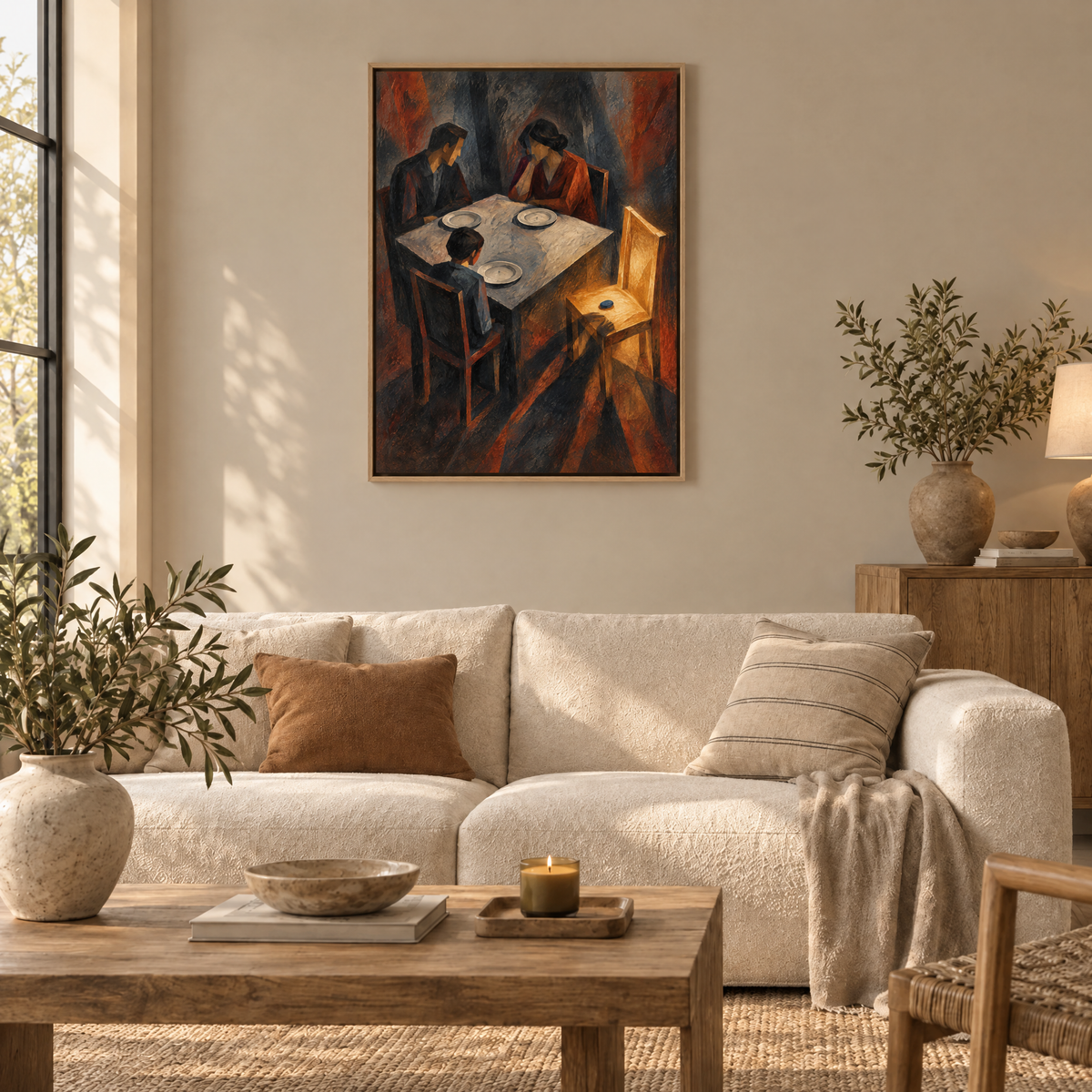 Der leere Platz – Leinwand im Naturholz-Schattenfugenrahmen im Wohnzimmer, ohne Weißrand.