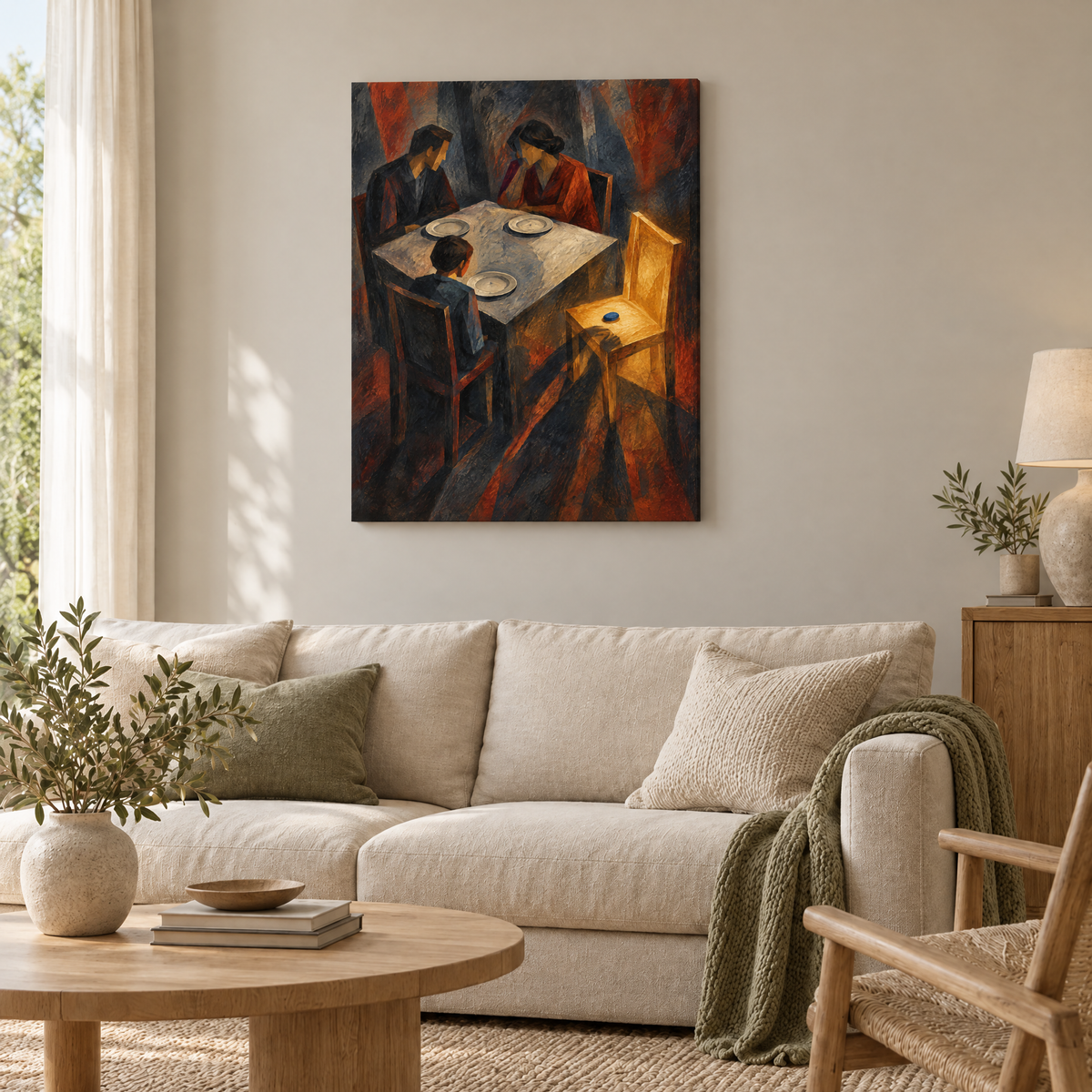 Der leere Platz – Rahmenlose Slim-Leinwand im Wohnzimmer, ohne Weißrand.